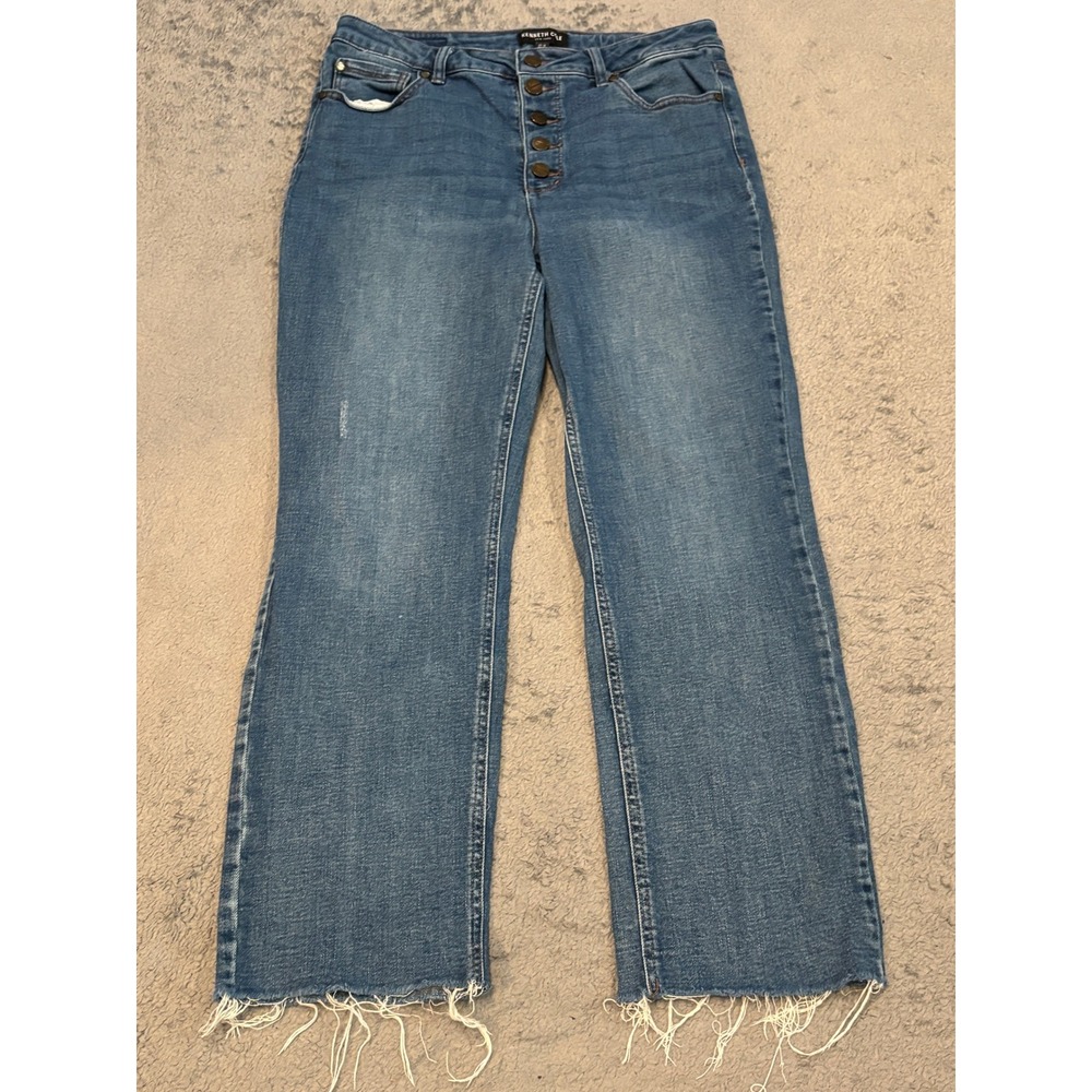 Kenneth Cole New York Womens Button Fly Straight Leg Jeans Blue Raw Hem Size 10